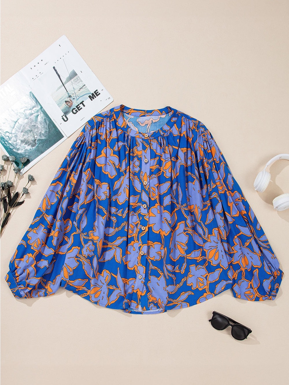 Women’s Blue Floral Button-Front Blouse
